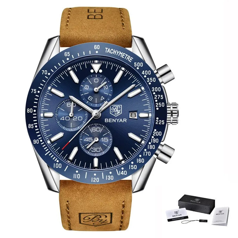 Luksusowe zegarki męskie BENYAR – zegarki kwarcowe z skórzanym paskiem, wodoodporne do 30 m, w sportowym stylu.