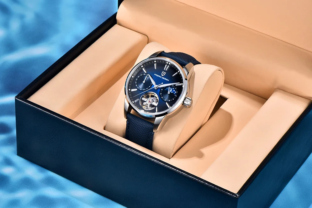 PAGANI DESIGN – Mechanische Luxusuhr für Herren, 41 mm, Saphirglas, Lederarmband, wasserdicht, Pilotenstil, mit Tourbillon und Mondphase