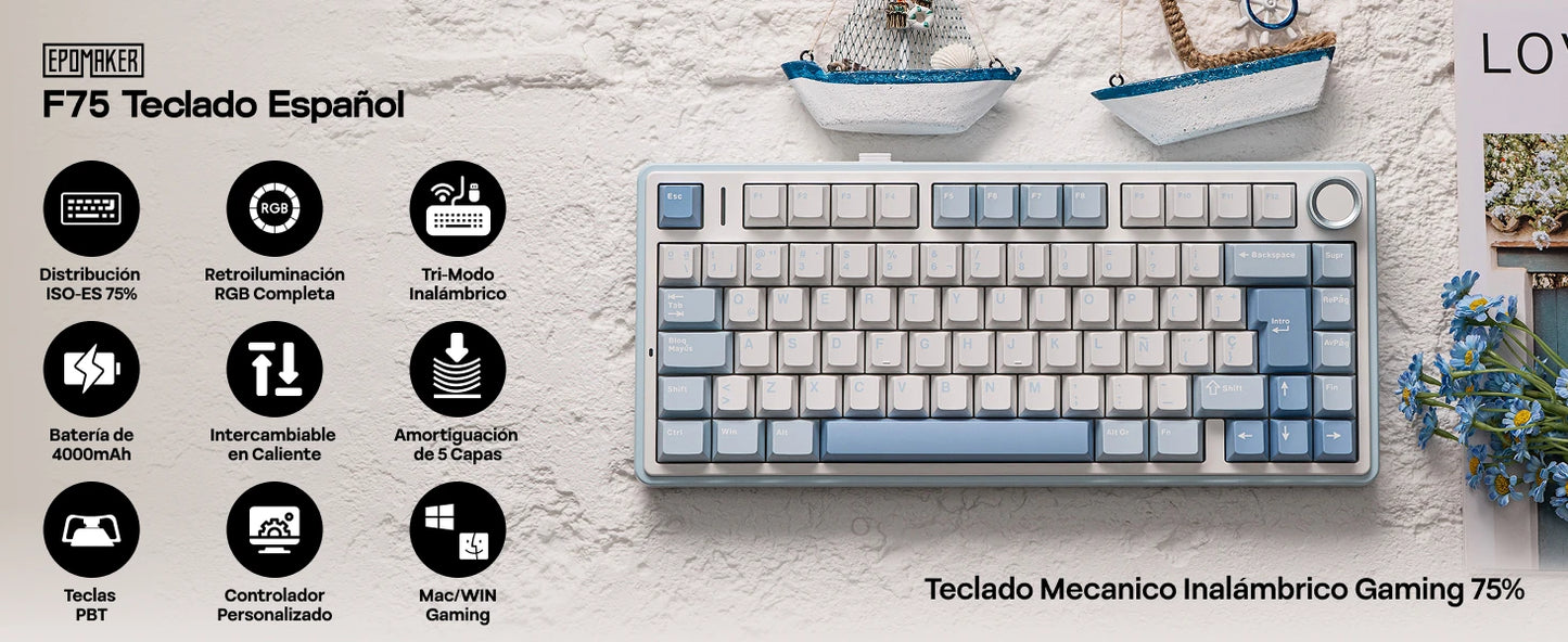 EPOMAKER AULA F75 ISO-ES 75% Spanish QWERTY Hot-Swap Gasket-Mounted Wired/Bluetooth/2.4GHz Wireless Mechanical Gaming Keyboard RGB Backlight