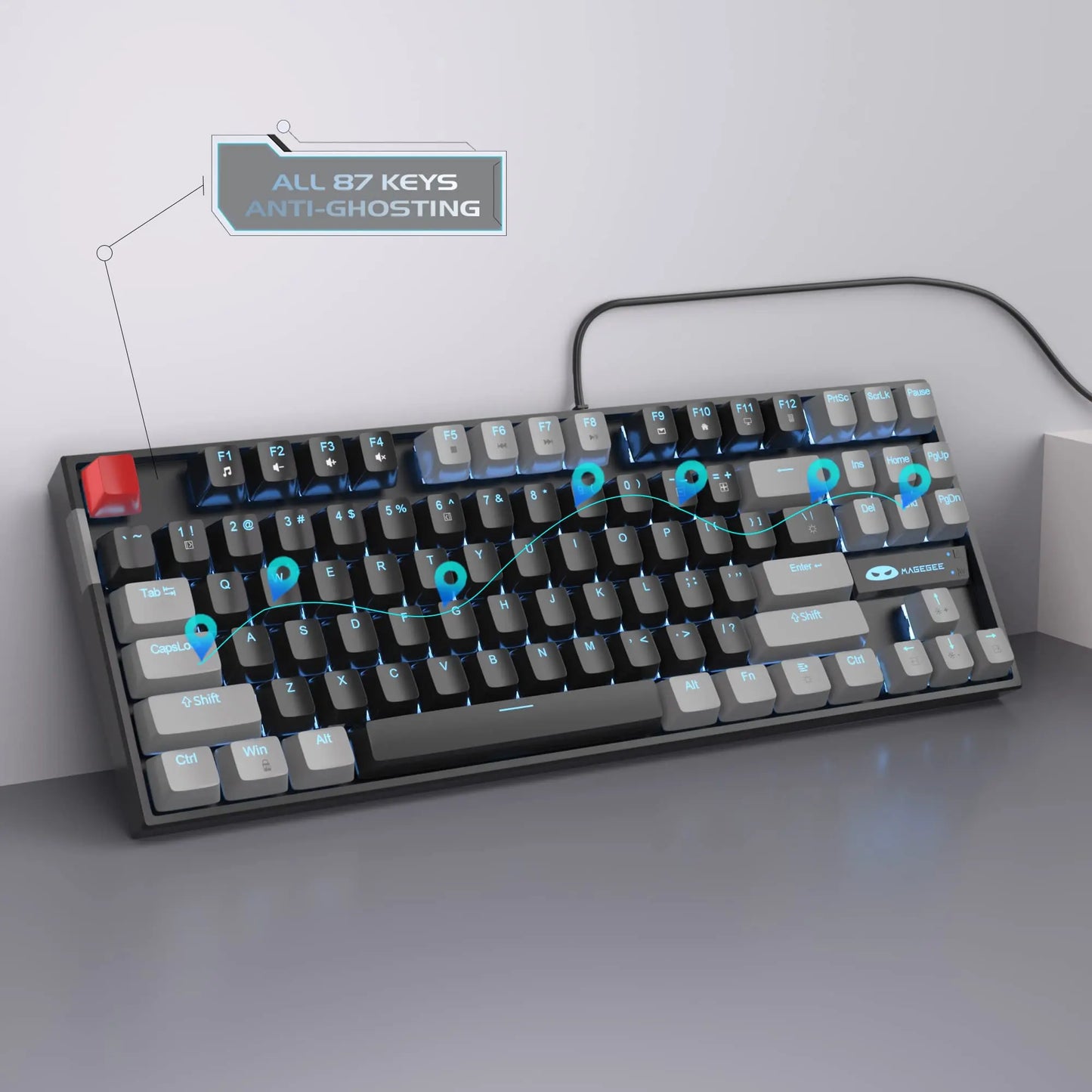 MageGee 75% Mechanical Gaming Keyboard with Blue/Red Switch, LED Blue Backlit 87 Keys Compact TKL Wired Keyboard for Windows PC