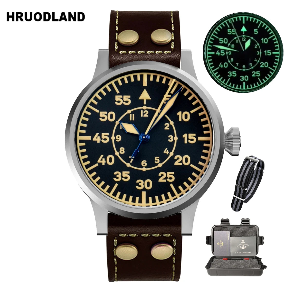 Hruodland Pilot Men's Automatic Mechanical Watch Pt5000 Sapphire Luminous C3 Stainless Steel Waterproof 10Bar reloj hombre