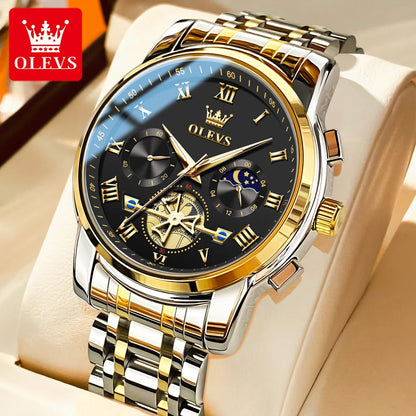 Reloj para hombre OLEVS 2859: modelo clásico y lujoso con números romanos, multifunción, resistente al agua, esfera luminiscente y mecanismo de cuarzo de alta calidad.