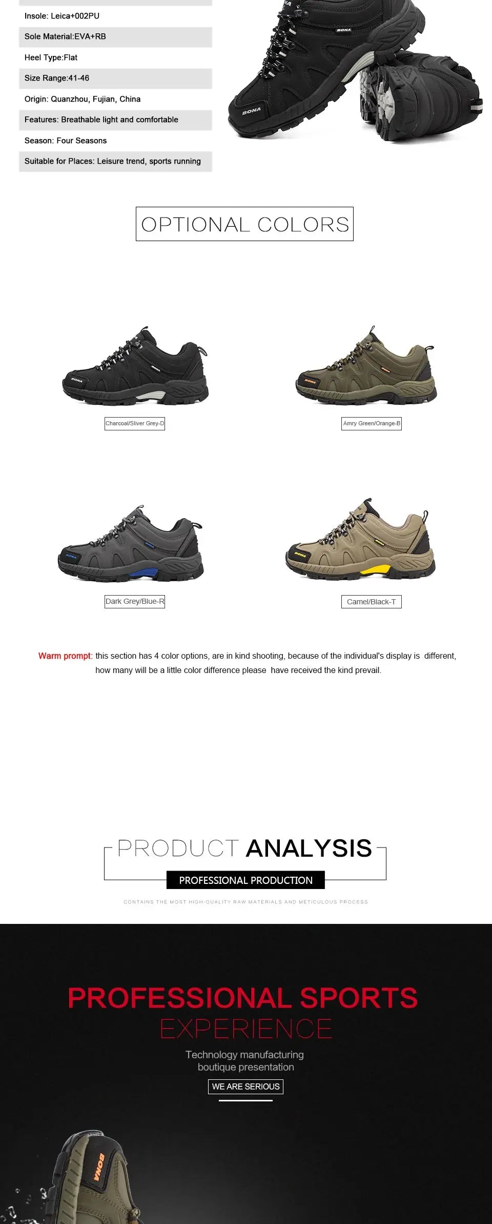 BONA New Arrival Classics Style Men Hiking Shoes Lace Up Men Sport Shoes Outdoor Jogging Trekking Sneakers