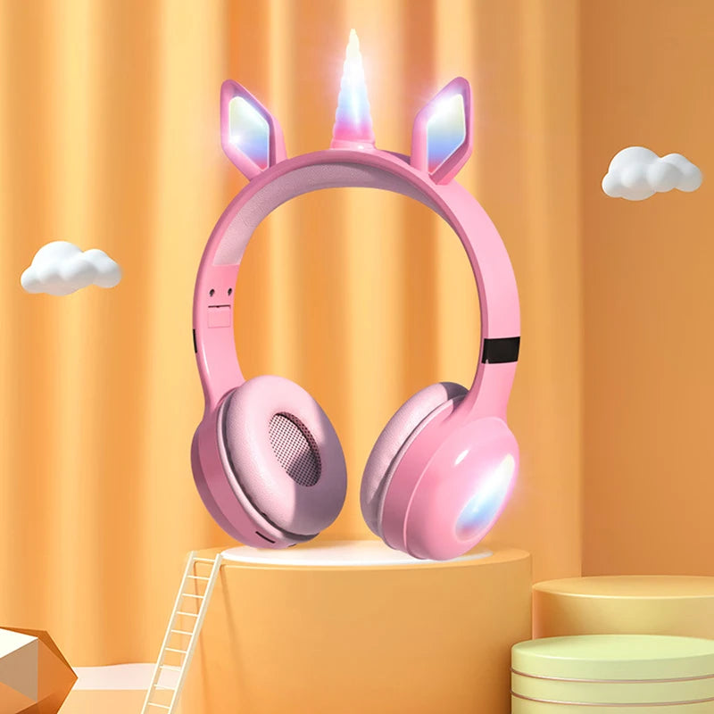 Glow Unicorn Bluetooth Headphones for Kids – LED Bunny Ear Wireless Headphones with Microphone, TF Card Slot, Over-Ear Bluetooth Headset for Gaming, Music & Mobile Devices