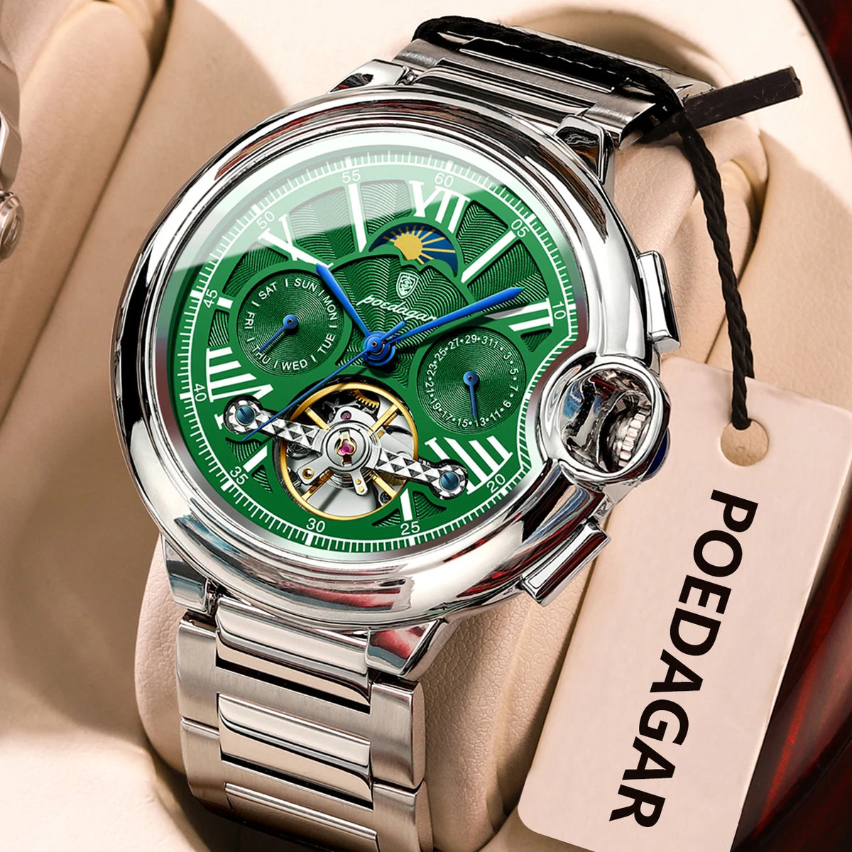Montre pour homme POEDAGAR, style luxe et professionnel, avec affichage de la date et du jour, tourbillon, boîtier en acier inoxydable, mouvement mécanique automatique et étanchéité.