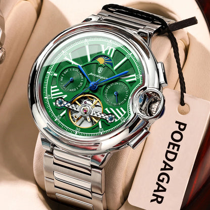 Montre pour homme POEDAGAR, style luxe et professionnel, avec affichage de la date et du jour, tourbillon, boîtier en acier inoxydable, mouvement mécanique automatique et étanchéité.