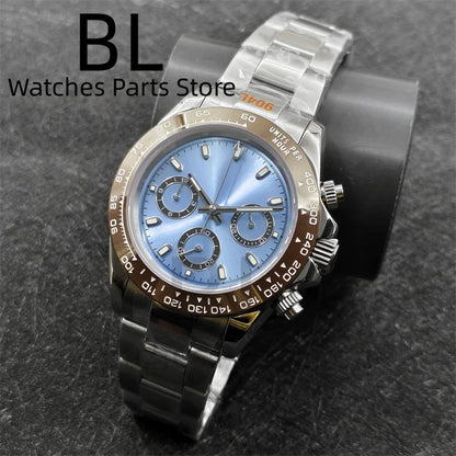 BLIGER 39mm VK63 Men's Quartz Chronograph Watch Ceramic Brown Insert Ice Blue Dial With C3 Luminous Sapphire Crystal Waterproof