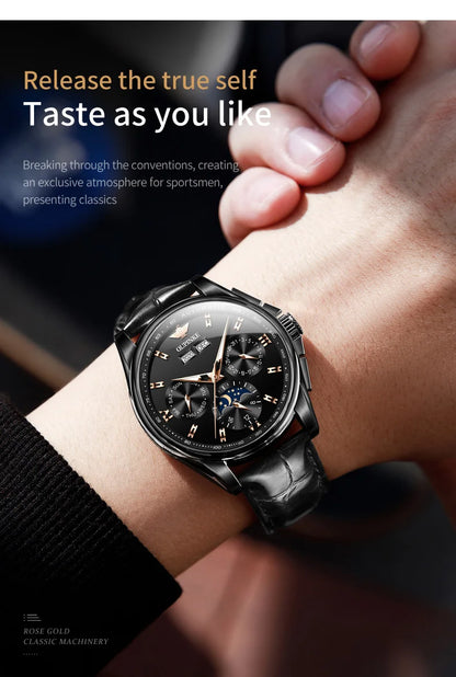 OUPINKE 3189 Classic Men's Watch Leather Strap Waterproof Moon phase Top Brand Automatic Mechanical Men's Wristwatch