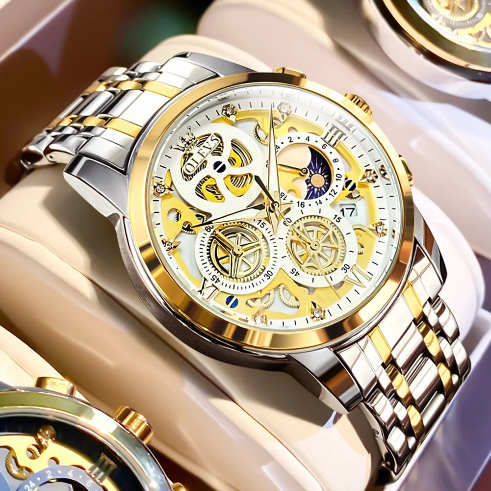 OLEVS Herrenuhr – Luxusmodell, wasserdicht, Quarzwerk, Skelett-Design, 24-Stunden-Anzeige (Tag/Nacht), goldfarben