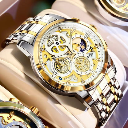 OLEVS Herrenuhr – Luxusmodell, wasserdicht, Quarzwerk, Skelett-Design, 24-Stunden-Anzeige (Tag/Nacht), goldfarben