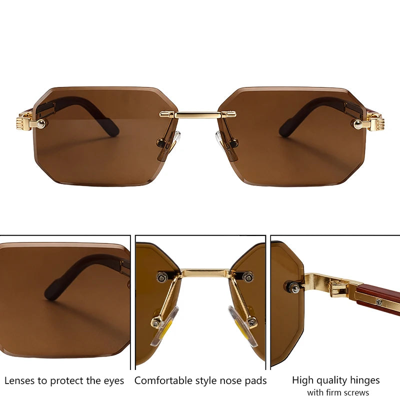 Rimless Rectangle Sunglasses Men 2026 Luxury Design Vintage Geometric Square Sun Glasses Male Retro Punk Eyewear Driving Shades