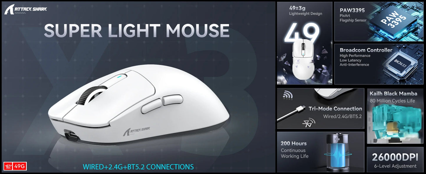 ATTACK SHARK X3 Lightweight Wireless Gaming Mouse, 49g Tri-Mode, PAW3395 26K DPI Sensor, 200h Battery Life, 5 Programmable Buttons
