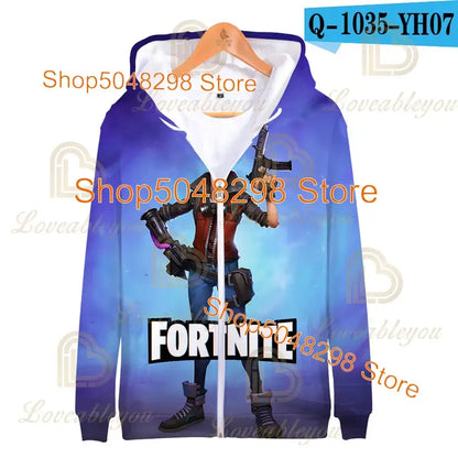 Суитшърт с качулка и цип за възрастни и деца Fortnite, 3D принт, геймърски модел за момчета и момичета, Harajuku, дълги ръкави, облекло за тийнейджъри