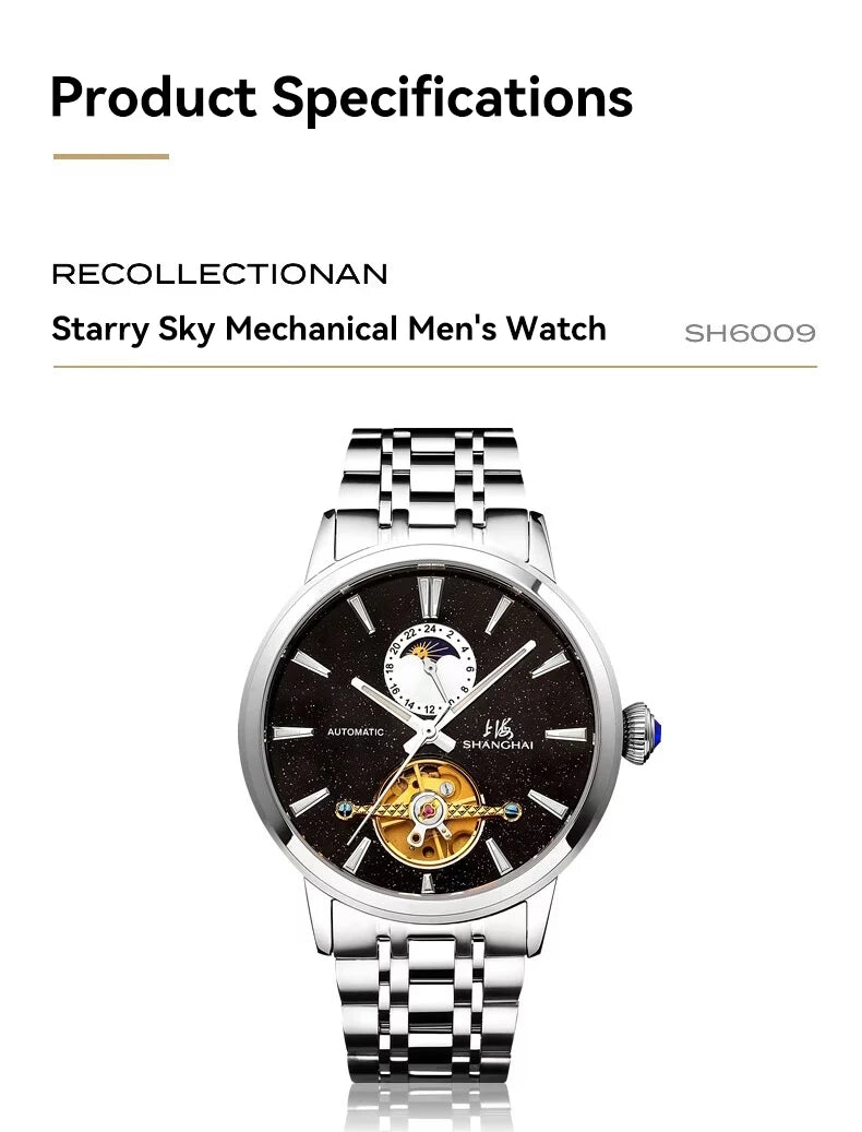 Shanghai Watch Flywheel Men's Watches Calendar Starlight Dial Automatic Mechanical Wristwatch 316L Stainless Steel Clock S8609