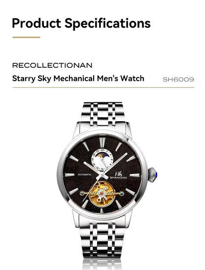 Shanghai Watch Flywheel Men's Watches Calendar Starlight Dial Automatic Mechanical Wristwatch 316L Stainless Steel Clock S8609