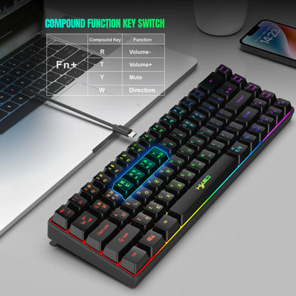 Portable HXSJ V200 68-key Korean gaming Keyboard, 65% RGB Backlit Wired office membrane Keyboard for Desktop PC and Laptops