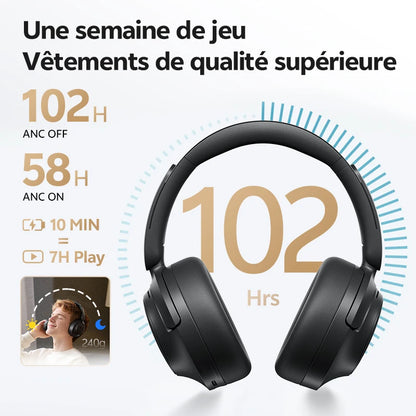 Casque sans fil Bluetooth 6.0 QCY BH25H3SA avec audio spatial 3D, réduction de bruit active adaptative -56 dB, haut-parleur de 53 mm, casque pliable supra-auriculaire