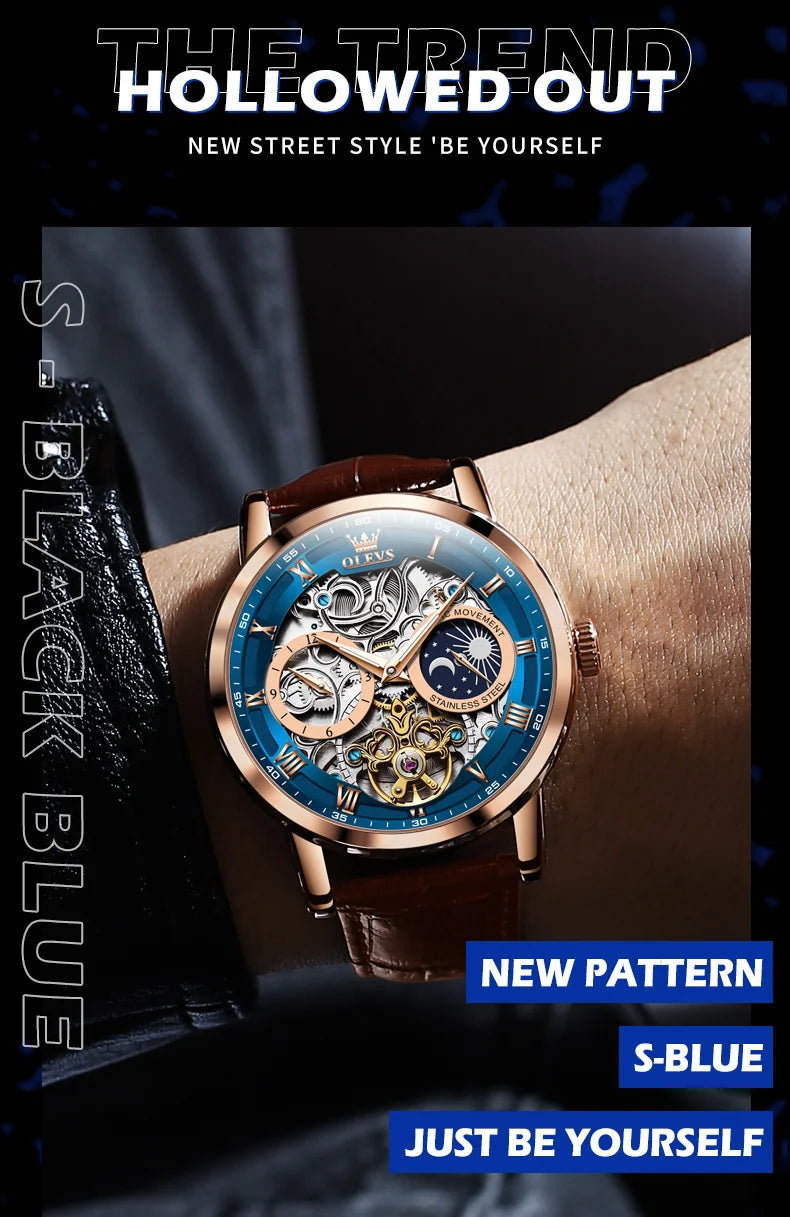 OLEVS Top Brand Men's Skeleton Mechanical Watch, Waterproof Leather Strap, Moon Phase, Automatic Tourbillon Wristwatch