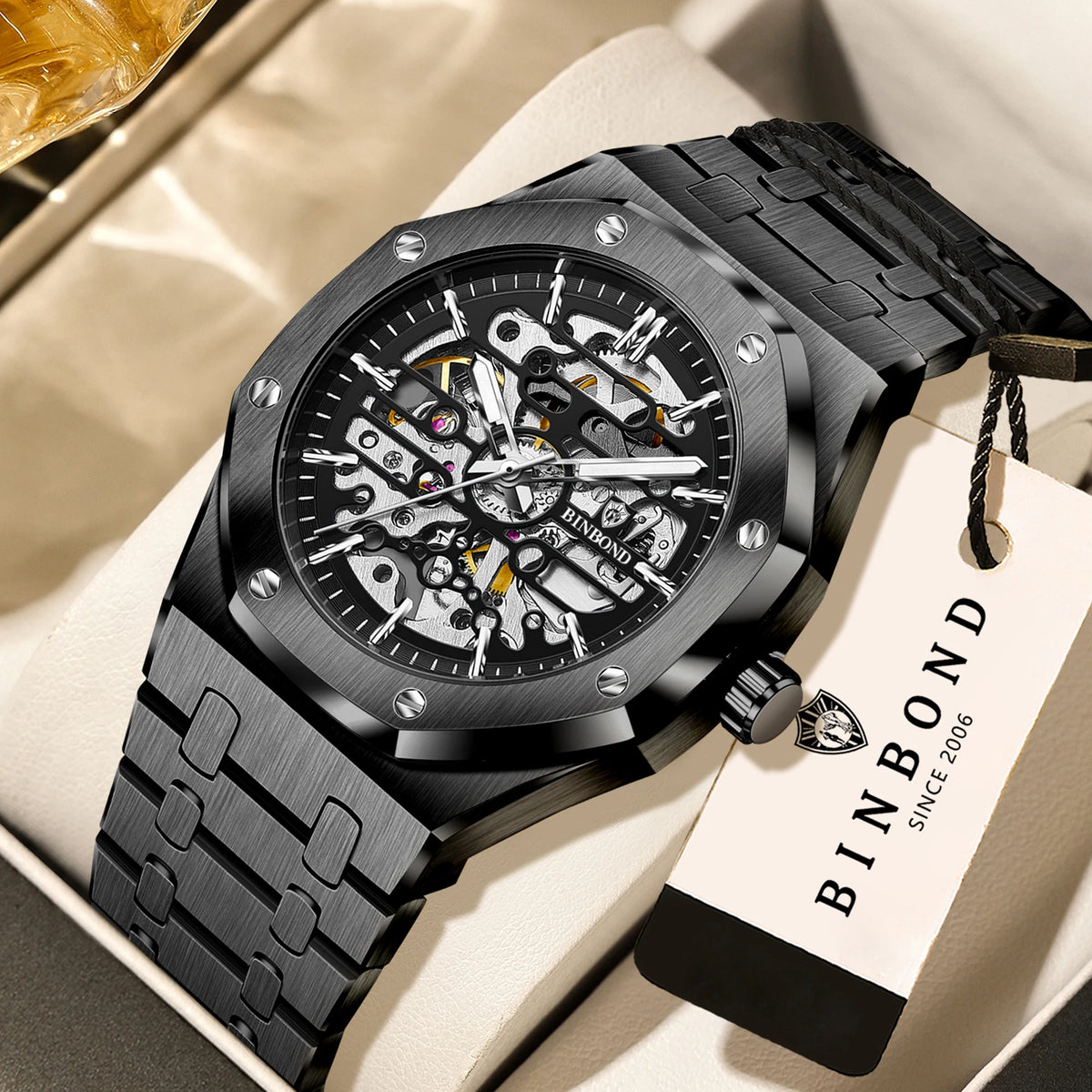 Montre mécanique squelette de précision BINBOND pour homme, montre de luxe lumineuse, étanche, automatique, en acier inoxydable robuste.