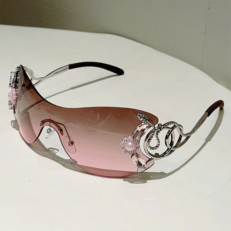 KAMMPT Rimless Y2k Sunglasses with Rhinestones Women Fashion Monoblock Outdoor Decor Shades Trendy Design Gradient Sun Glasses