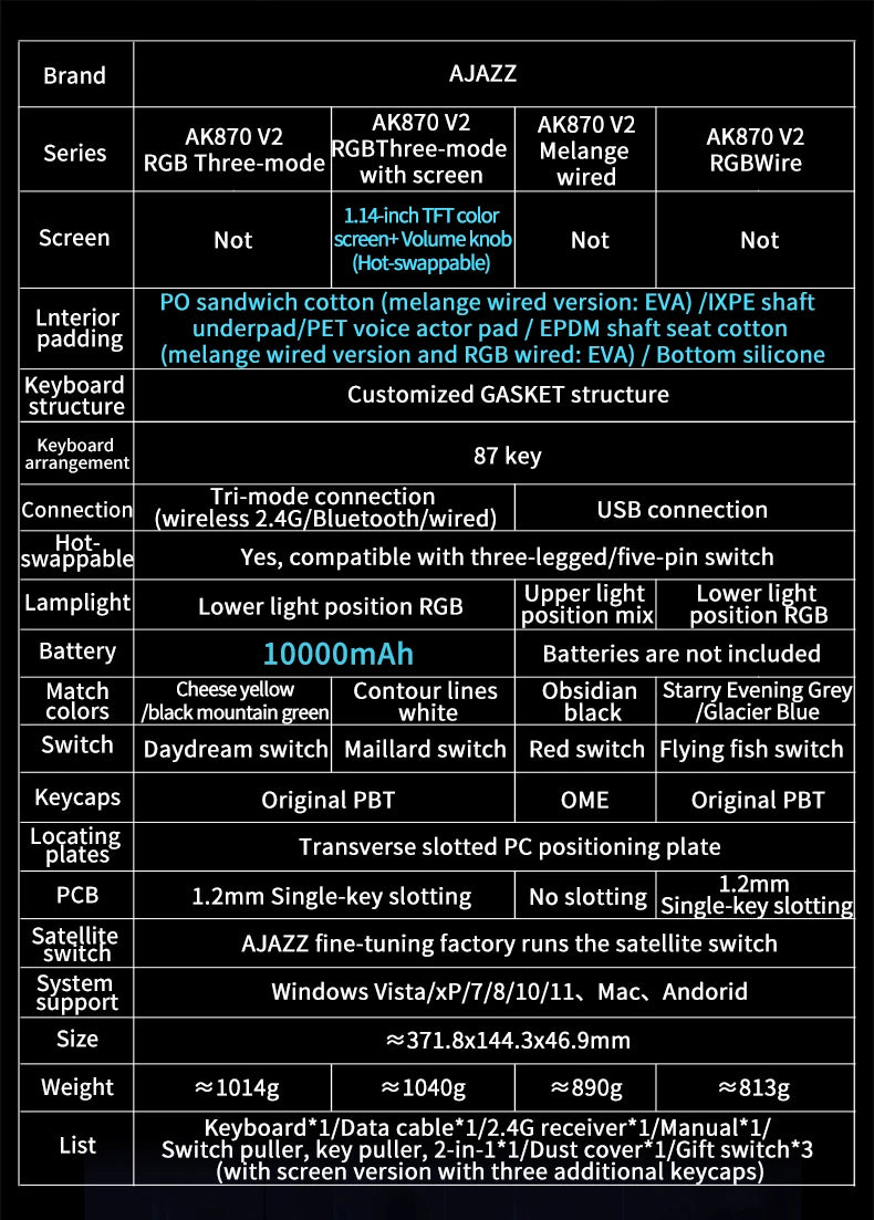 Ajazz AK870 V2 Gaming Mechanical Keyboard Is A Hot-Swaddable RGB Wired Gaming Keyboard Suitable For Various Scenarios On Laptops