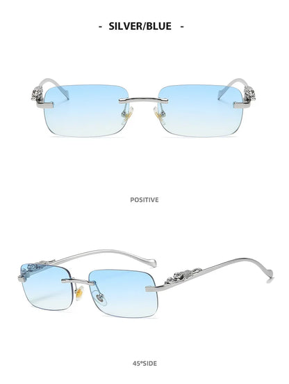 New Rimless Rectangle Vintage Metal Leopard Head Sunglasses Fashion Frameless Tinted Glasses Shades for Women Men