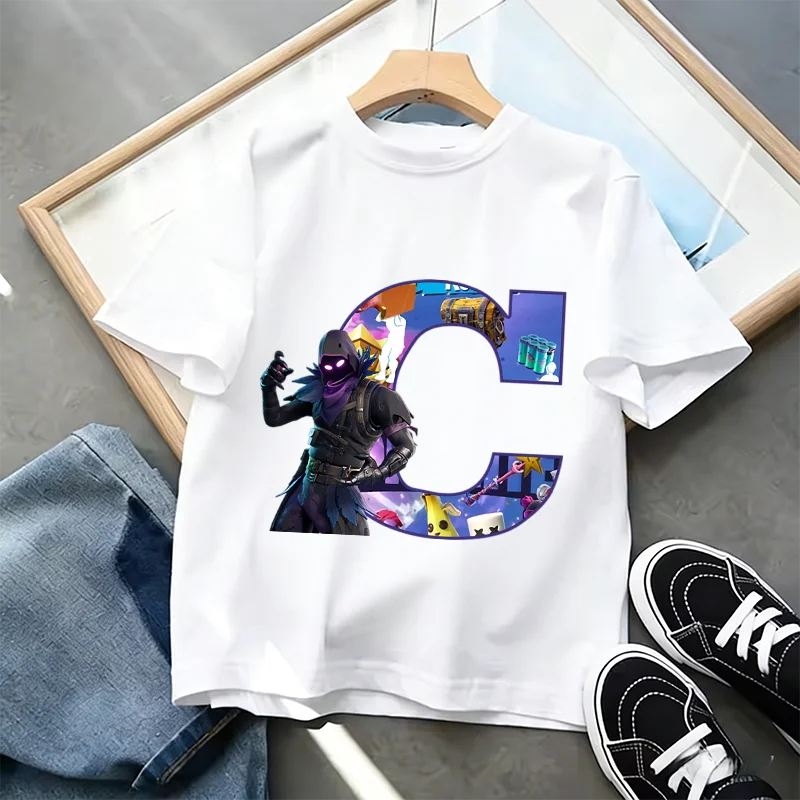 Тениска Fortnite A-Z Alphabet Print за деца, лятна бяла дреха, популярна тениска с анимационна игра, модерен ежедневен топ с къс ръкав, подарък