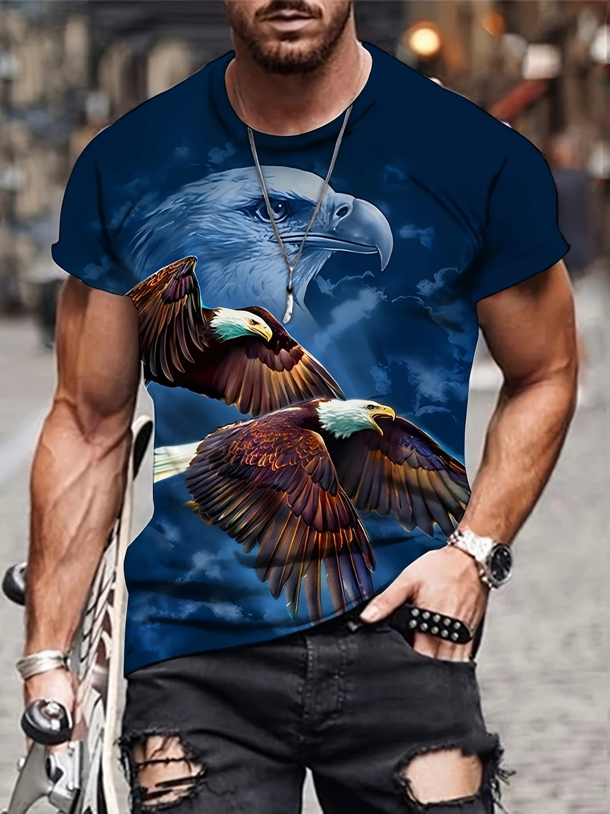 Modne majice z grafiko Eagle Luksuzne majice Poletne moške majice Sproščene majice Majice s kratkimi rokavi 3D-tiskanje Moška oblačila