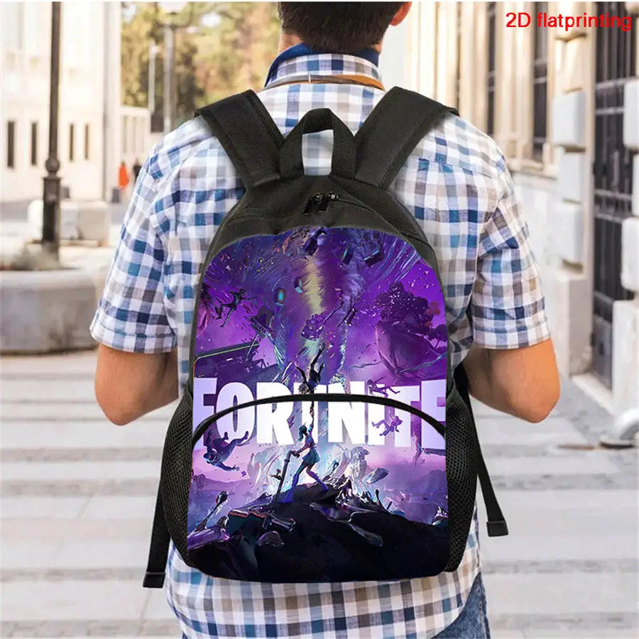 3-teiliges FORTNITE Cartoon-Schulset mit leichtem Rucksack, Fronttasche, Lunchbox und Federmäppchen für Kinder von 5-9 Jahren + kostenloser 3D-gedruckter Schlüsselanhänger