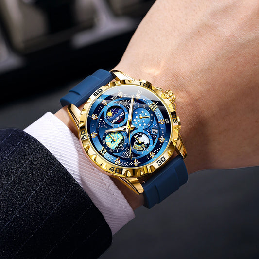 BINBOND luxury quartz watches for men: luminous, water-resistant, chronograph with automatic date, business, sport and casual styles