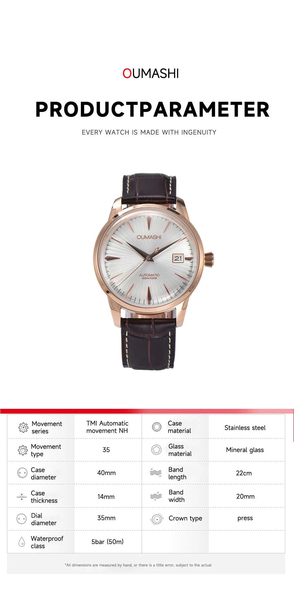 40mm NH35 Watch Cocktail Automatic Mechanical Watch High Quality Stainless Steel Double Dome Waterproof Case Leather Band Watch