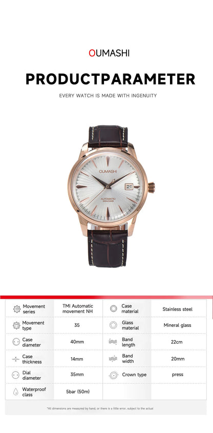 40mm NH35 Watch Cocktail Automatic Mechanical Watch High Quality Stainless Steel Double Dome Waterproof Case Leather Band Watch