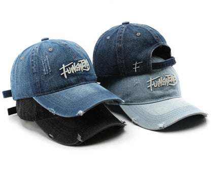 Japanese Retro Washed Denim Letter Embroidered Cap Outdoor Sports Mens Travel Sun Hat Baseball Cap Classic Versatile Comfortable