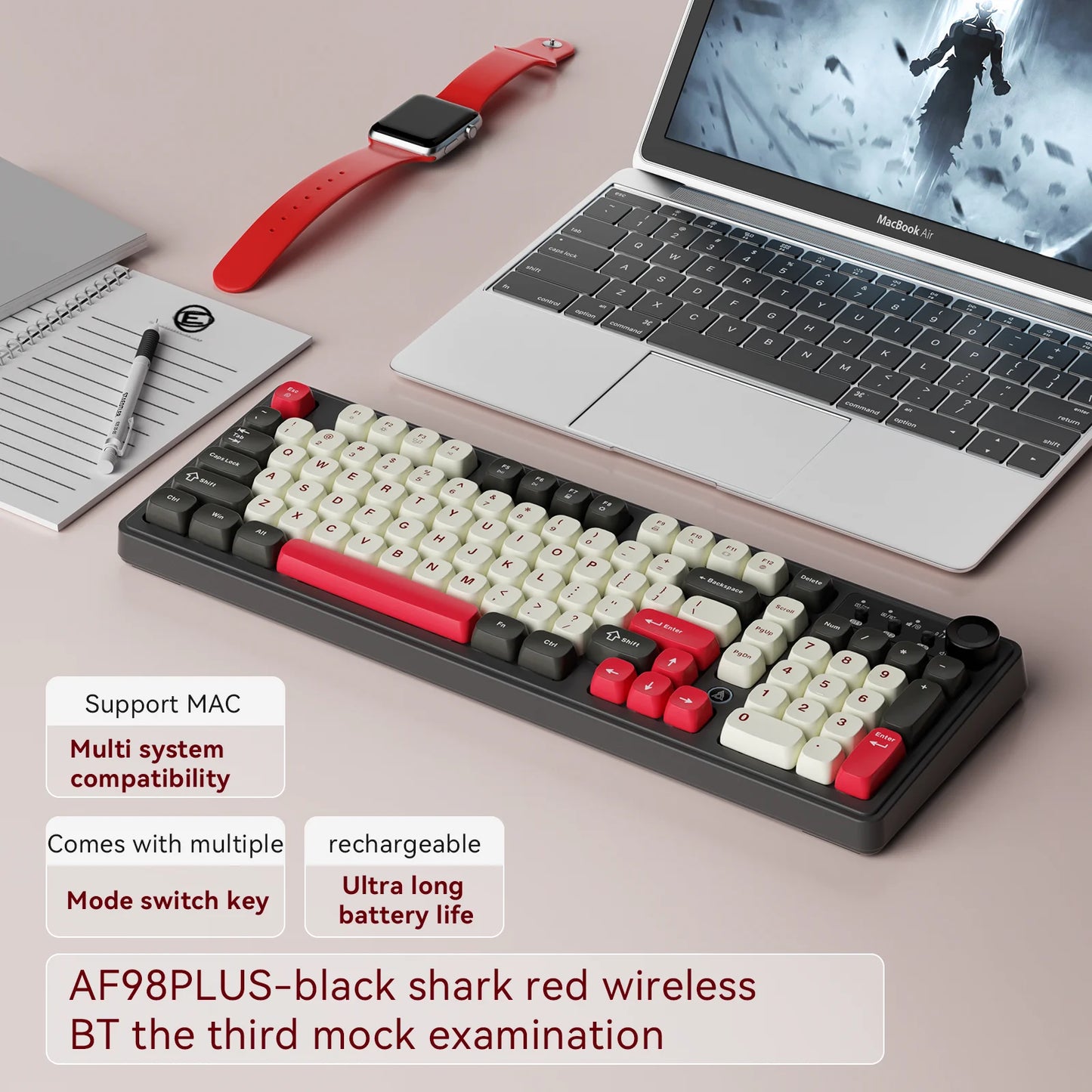 AJAZZ AF98 kabelgebundene/kabellose Tastatur mit mechanischem Tippgefühl, für das Büro, lange Akkulaufzeit, drei Modi, RGB-Mischbeleuchtung, ABS-Tastenkappen, ergonomisch