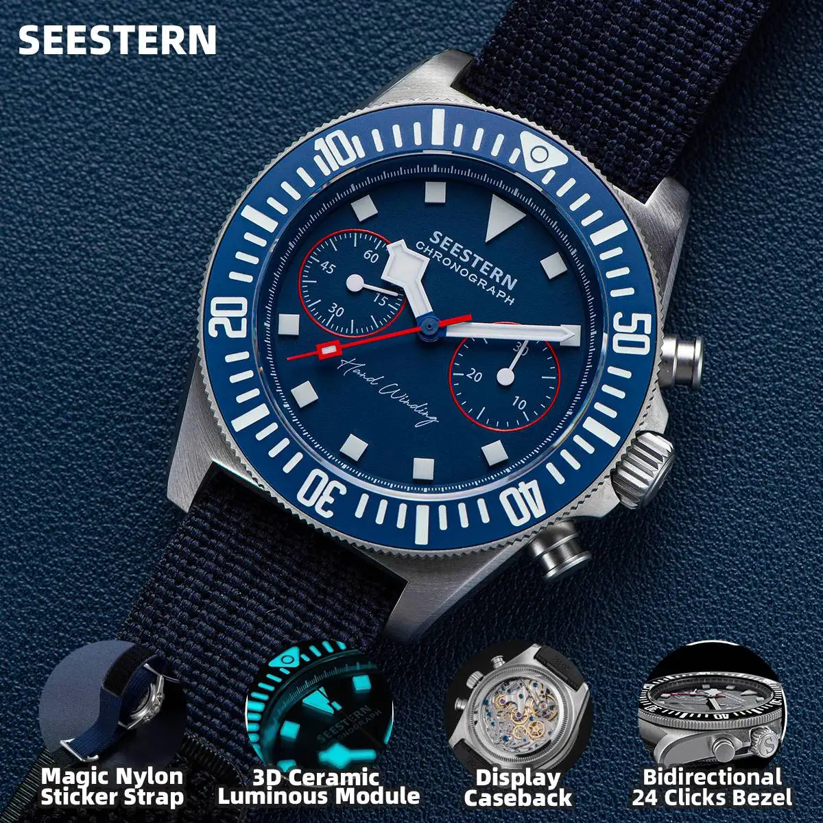 SEESTERN Chronograph Man's Watch Mechanical Tianjin ST1901 Movement Sapphire Wristwatches Nylon Sticker Strap Luminous Skeleton