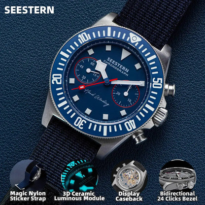 SEESTERN Chronograph Man's Watch Mechanical Tianjin ST1901 Movement Sapphire Wristwatches Nylon Sticker Strap Luminous Skeleton