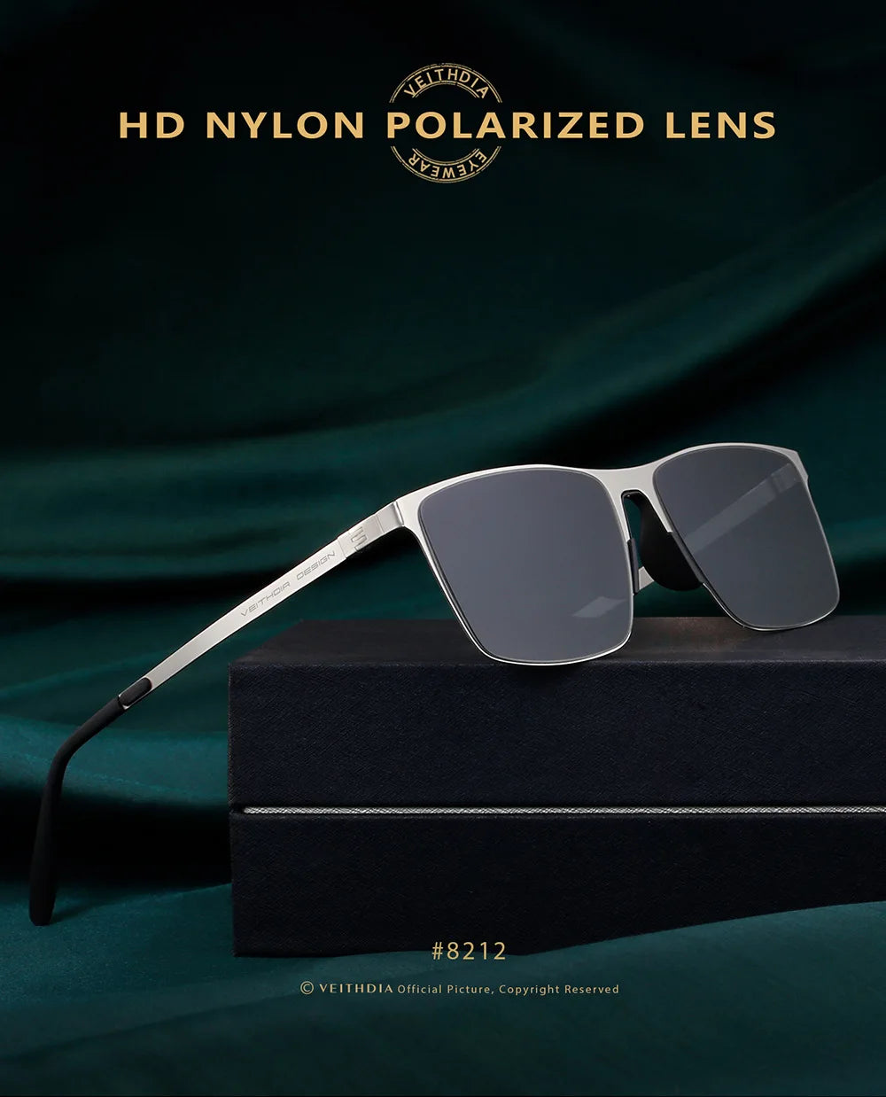 VEITHDIA Brand Fashion Sunglasses Stainless Steel High-definition Nylon Lens Polarized UV400 Eyeglasses For Men Women,  8212
