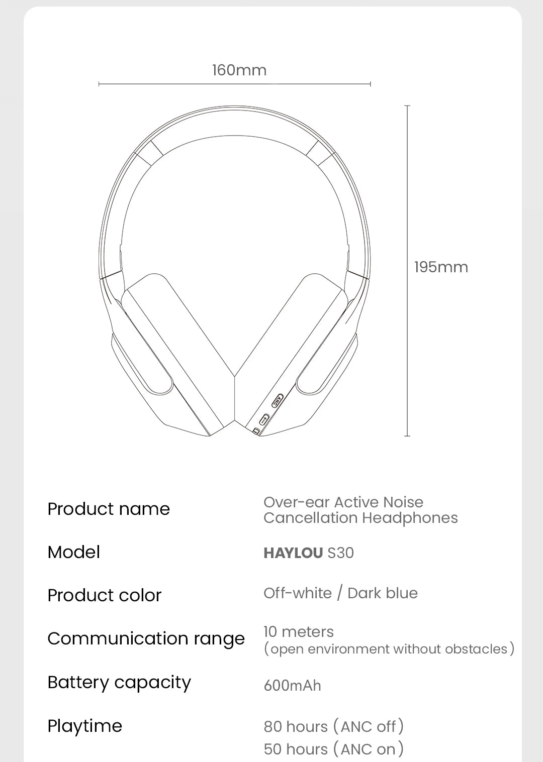 HAYLOU S30 Wireless Bluetooth 5.4 Headphones – 43dB Adaptive Noise Cancelling ANC Headset, 40mm Drivers, 80H Playtime, Hi-Res Audio Over-Ear Headphones