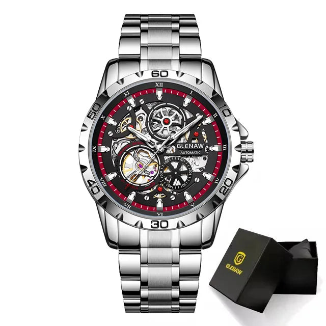 Montre-bracelet mécanique automatique pour homme GLENAW, style Steampunk avec cadran squelette, modèle de luxe, étanche, dotée d'aiguilles luminescentes et d'un bracelet en acier inoxydable.
