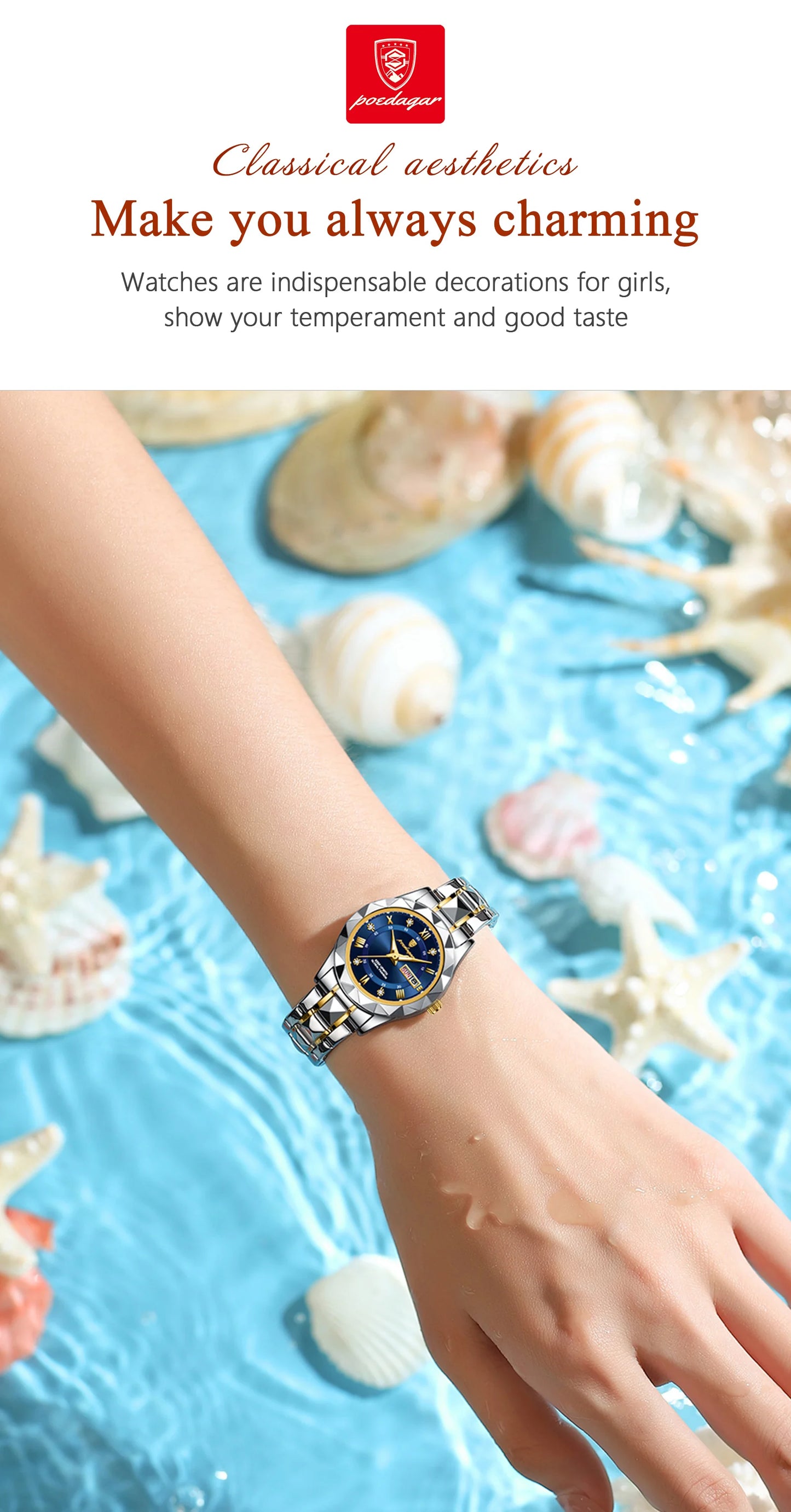POEDAGAR Top Luxury Watches For Women Stainless Steel Week Date Woman Wristwatch Luminous Waterproof Fashion Quartz Ladies Watch