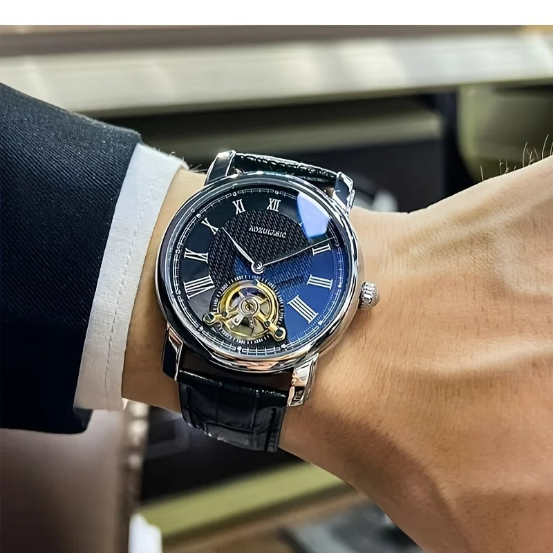 Muški automatski mehanički sat – elegantan skeletni dizajn, moderan 'business casual' stil, kućište od legure i kožni remen, bez baterije