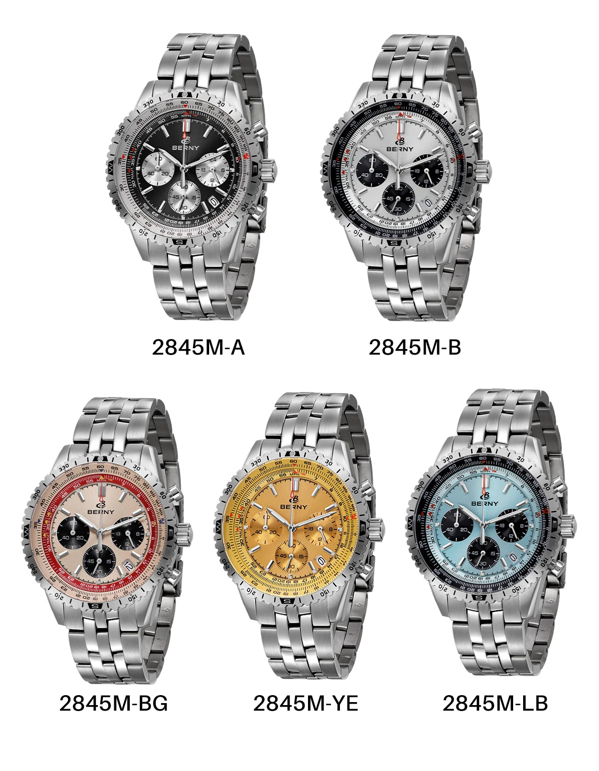 BERNY Chronograph Watches for Men Aviation Multifunction Quartz Men's Watch Date Sapphire Super Luminous Luxury Wristwatch