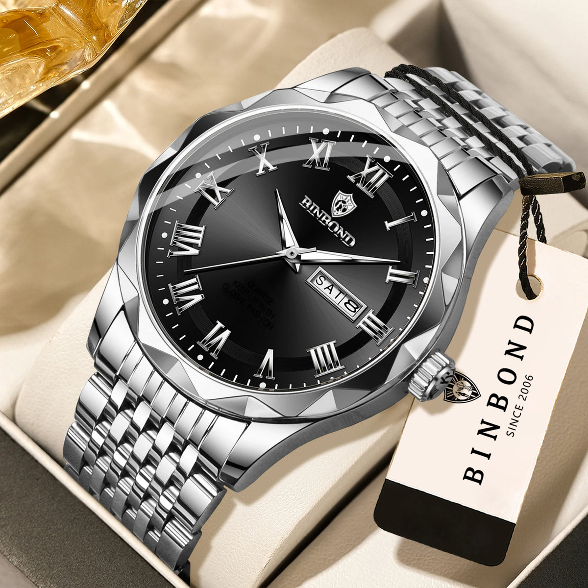 Luxe BINBOND Original Brand quartz-polshorloge voor heren, verlicht, waterdicht, automatische datum, weergave van de weekdag, casual stijl.
