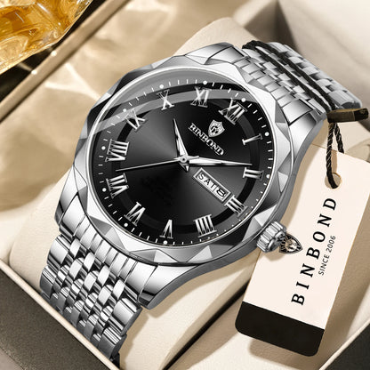 Luxe BINBOND Original Brand quartz-polshorloge voor heren, verlicht, waterdicht, automatische datum, weergave van de weekdag, casual stijl.