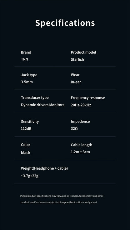 TRN Starfish Earphones 12mm Dynamic Driver In-ear Monitors  Beryllium coated Diaphragm Headset Hi-Fi Headphones with Detachable
