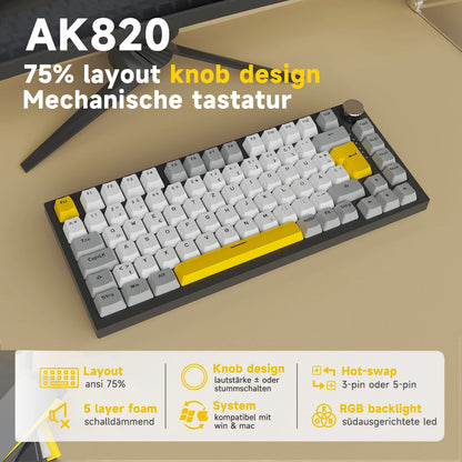 AJAZZ AK820 75% kabelgebundene mechanische Tastatur: Hot-Swap-fähig, RGB-/Weiß-/Eisblau-Hintergrundbeleuchtung, Steuerung per Lautstärkeregler | Für Büro & Gaming