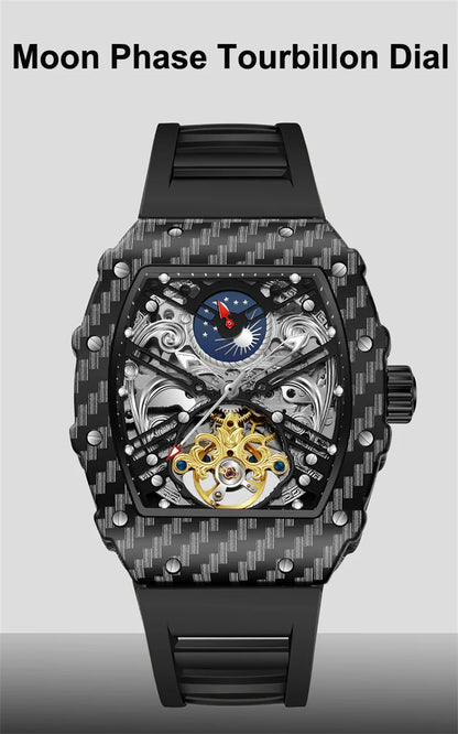 Tourbillion Mechanical Watch for Men Silicone Strap Skeleton Tonneau Automatic Mens Watches Top Brand Luxury Reloj Hombre