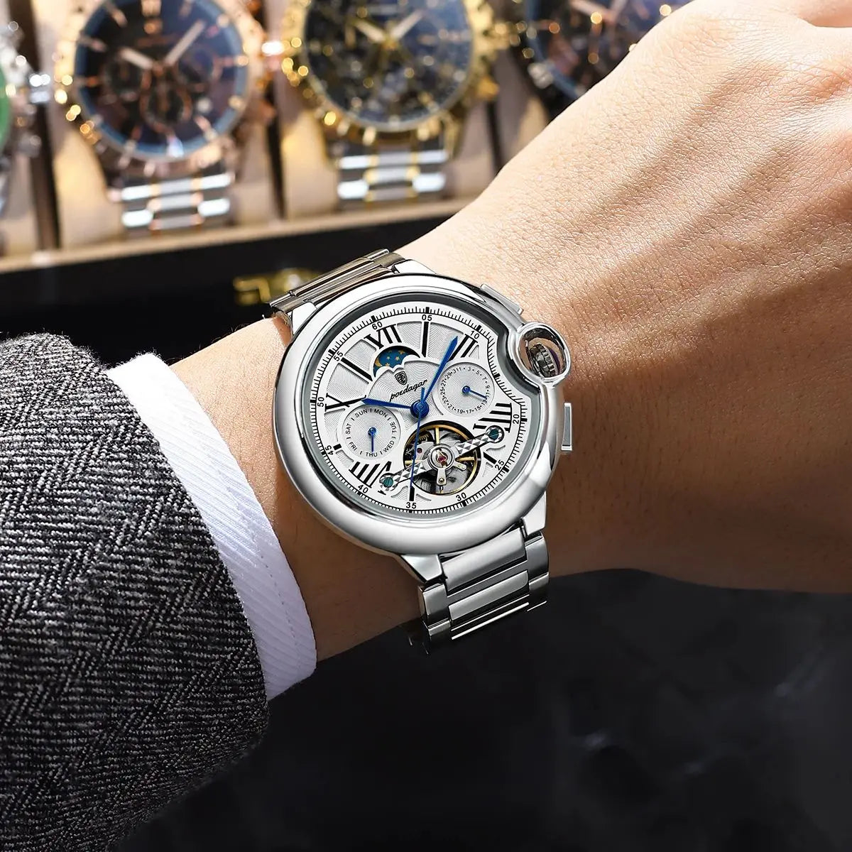 Montre pour homme POEDAGAR, style luxe et professionnel, avec affichage de la date et du jour, tourbillon, boîtier en acier inoxydable, mouvement mécanique automatique et étanchéité.