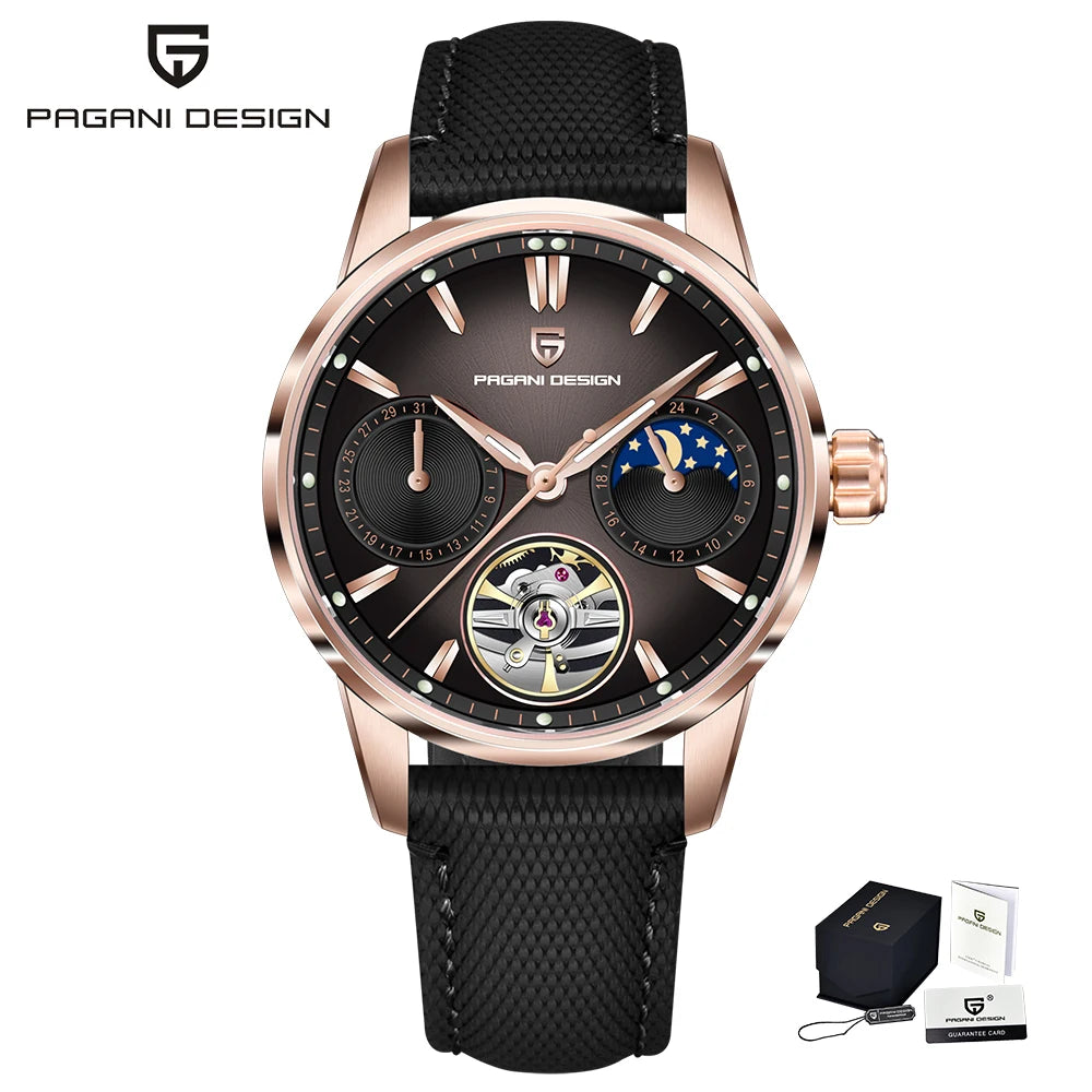 PAGANI DESIGN – Mechanische Luxusuhr für Herren, 41 mm, Saphirglas, Lederarmband, wasserdicht, Pilotenstil, mit Tourbillon und Mondphase