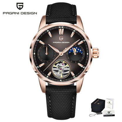 PAGANI DESIGN – Mechanische Luxusuhr für Herren, 41 mm, Saphirglas, Lederarmband, wasserdicht, Pilotenstil, mit Tourbillon und Mondphase